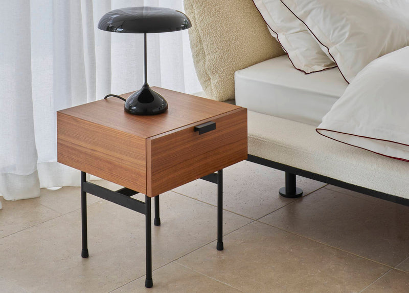 Ligne Roset Tanis Bedside Table Walnut + Black Fenix Laminate Base In Circular Tubing - MyConcept Hong Kong
