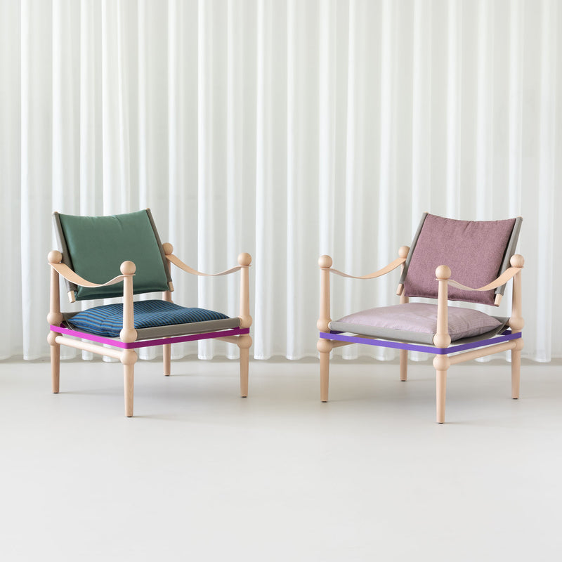 Magis Twain Lounge Chair by Konstantin Grcic — natural beech frame, sage and pink colourways