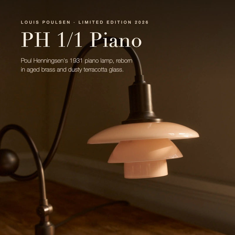 Louis Poulsen PH 1/1 Piano table lamp in aged brass and dusty terracotta glass